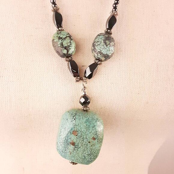 Turquoise Large Stone Hematite Necklace Faceted Beads Baubles Handmade Nice! - Picture 2 of 7